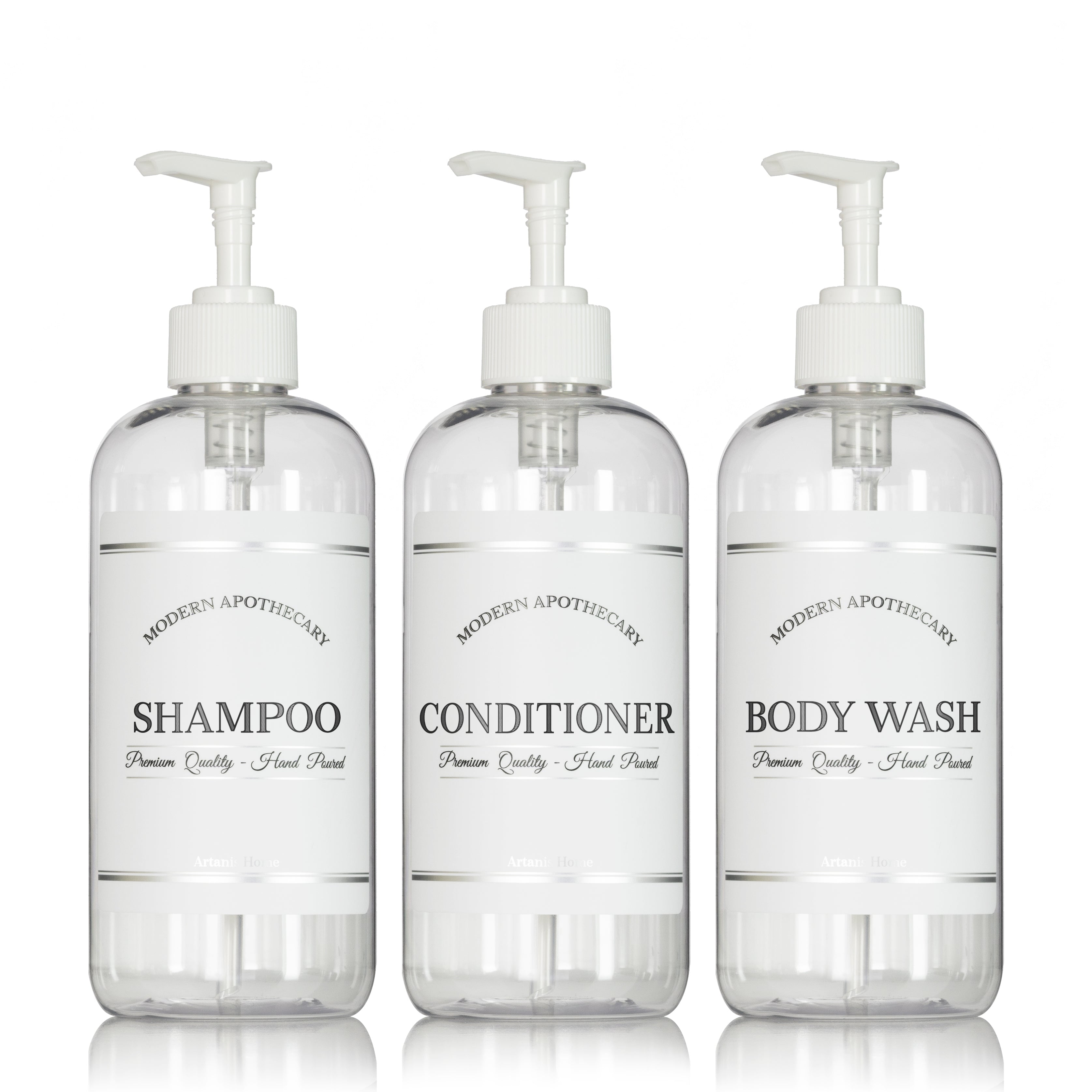 Artanis Home Clear Refillable Body Wash, Shampoo and Conditioner Bottles - PET Plastic Shampoo Bottles with White Plastic Pumps and "Modern Apothecary" Labels- 16 oz, 3 Pack