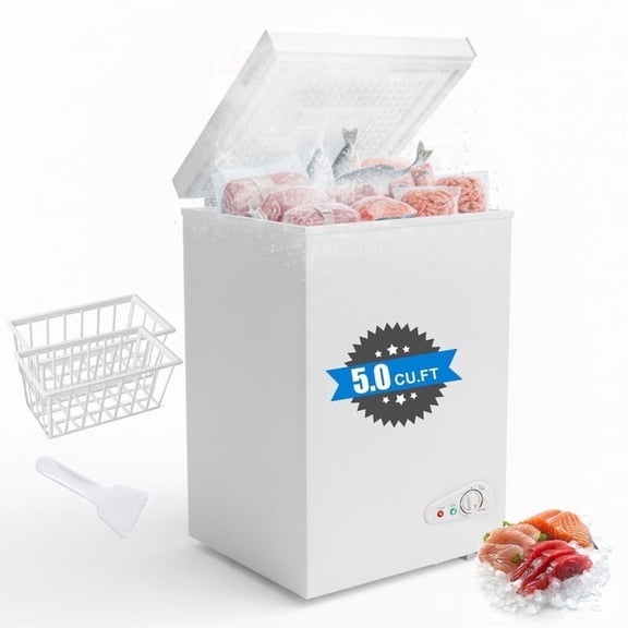Artbros 5.0 Cu.Ft Chest Freezer, Large Energy-Efficient Deep Freezer with Adjustable Temperature Control and Removable Storage Basket, White