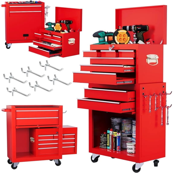 Artbros 8-Drawer Rolling Tool Chest, 2-in-1 Large Tool Cabinet Metal Organizer with Lockable Wheels, Red