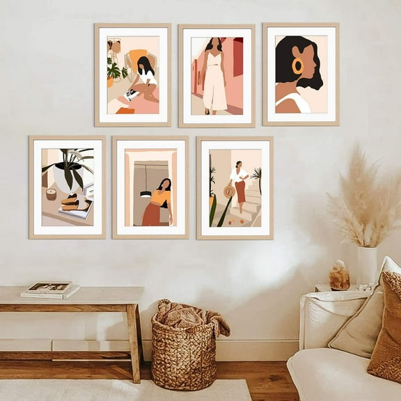 ArtbyHannah 11x14 Netural Framed Wall Art Set of 6, Minimalist Wall Art with Abstract Woman Art Prints for Bedroom Decoration, Mother's Day Decoractions