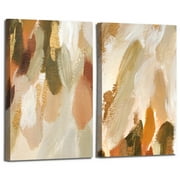 ArtbyHannah 2 Pieces 16x24 inch Modern Abstract Canvas Wall Art Set with Gold and Orange Blocks Paintings for Living Room