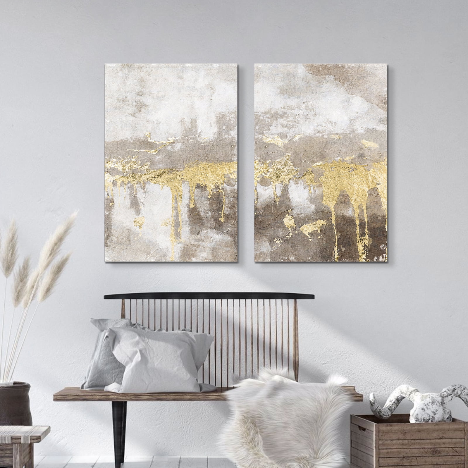 ArtbyHannah 2 Pieces 16x24 inch Modern Abstract Framed Canvas Wall Art Set with Gold Foils for Living Room Ready to Hang