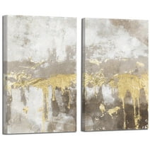 ArtbyHannah 2 Pieces 16x24 inch Modern Abstract Framed Canvas Wall Art Set with Gold Foils for Living Room