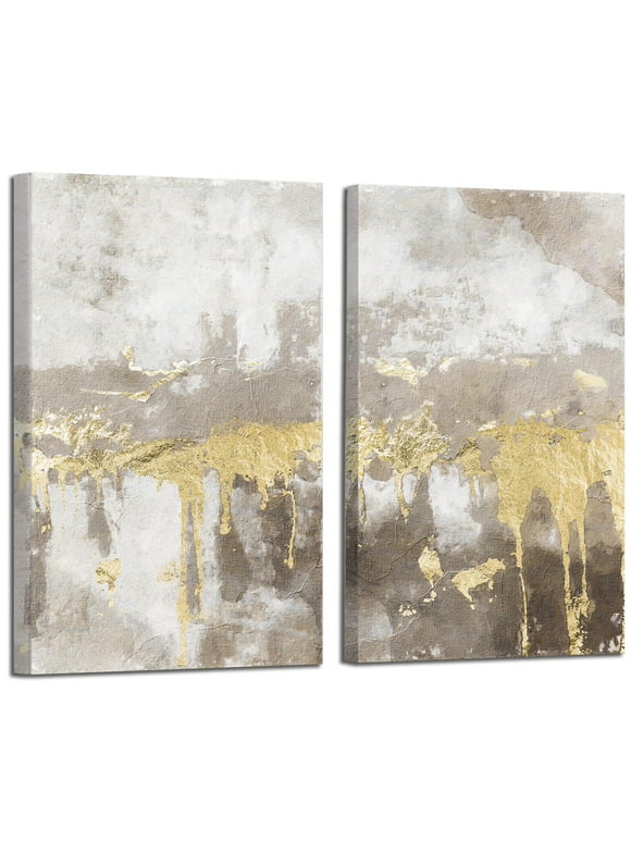 ArtbyHannah 2 Pieces 16x24 inch Modern Abstract Framed Canvas Wall Art Set with Gold Foils for Living Room