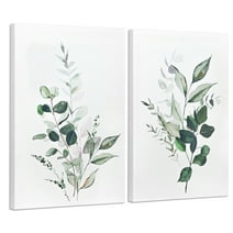 ArtbyHannah 2 Pieces 16x24 inch Modern Framed Canvas Wall Art Set with Botanical Green Eucalyptus Leaf Prints for Bedroom