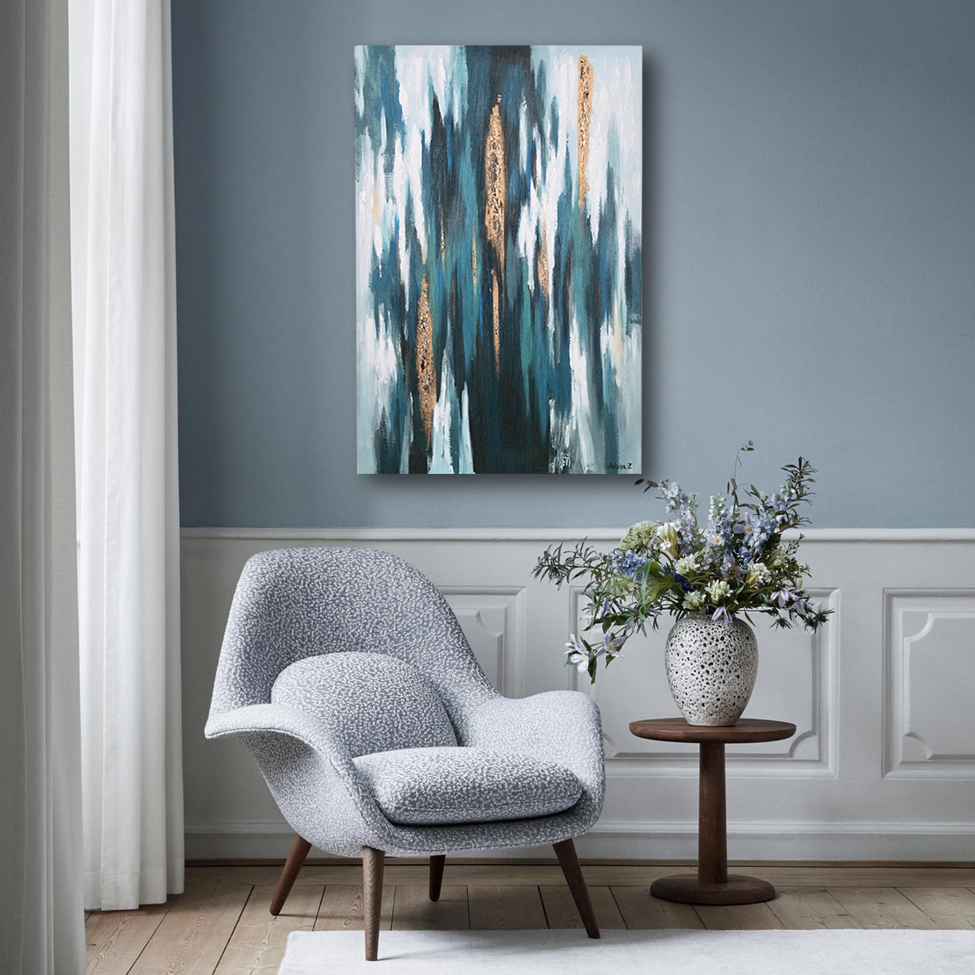 ArtbyHannah 24x36 inch Abstract Blue and Gold Canvas Painting Wall