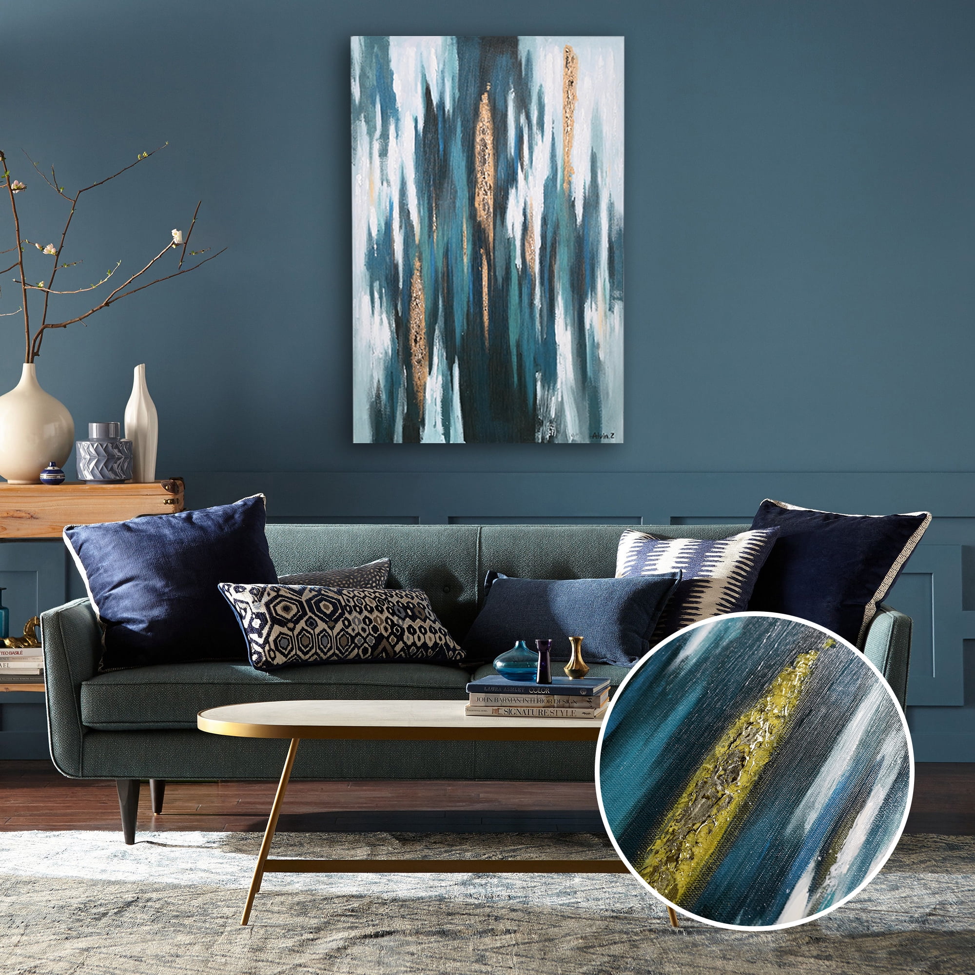 ArtbyHannah 24x36 inch Abstract Blue and Gold Canvas Painting Wall Art