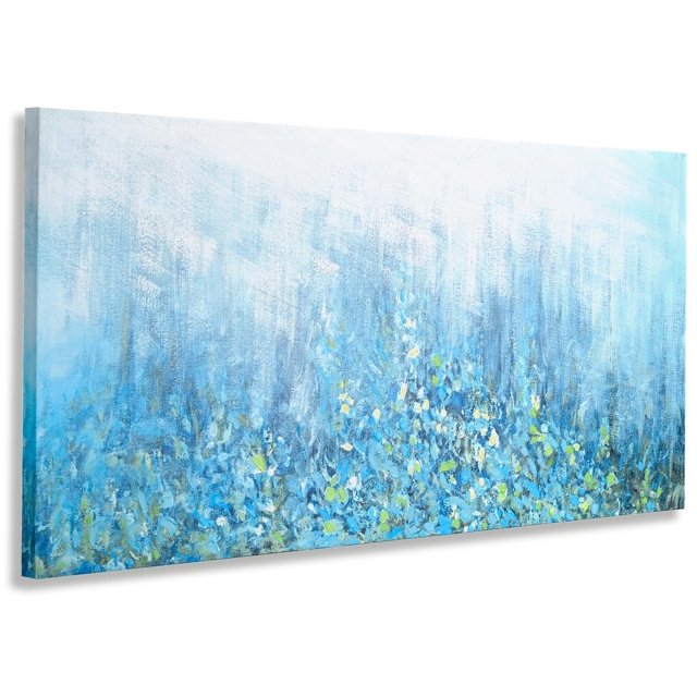 ArtbyHannah 24x48 inch Abstract Blue Flowers Canvas Painting Wall Art