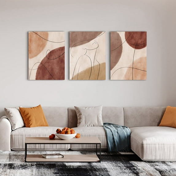 ArtbyHannah 3 Pieces 12x16 inch Boho Wall Art Decor, Moden Abstract Canvas Wall Art with Minimalist Line Art Prints for Living Room