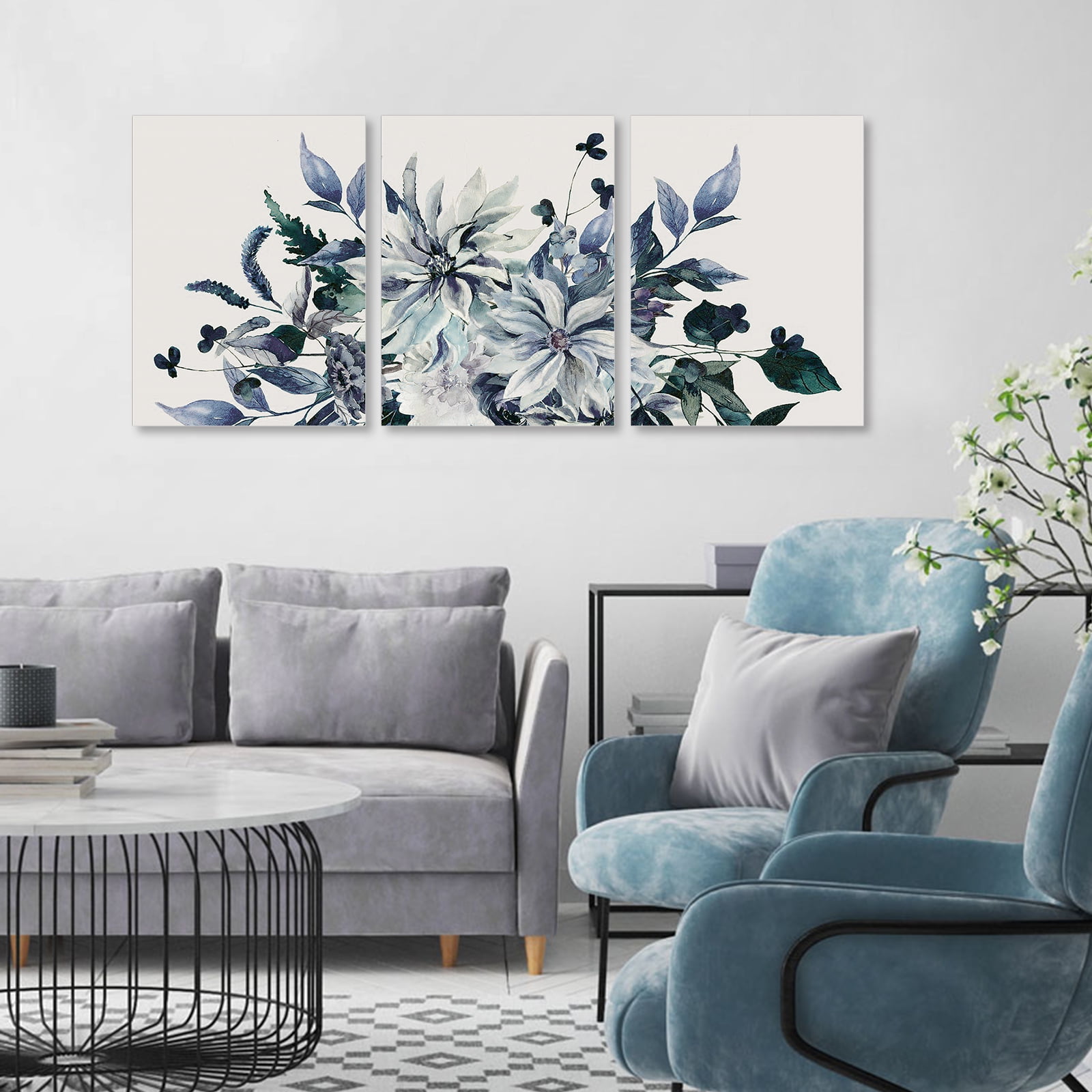 ArtbyHannah 3 Pieces 16x24 inch Blue Purple Floral Framed Canvas Wall Art Set with Violet Flower Prints for Home Decor Ready to Hang