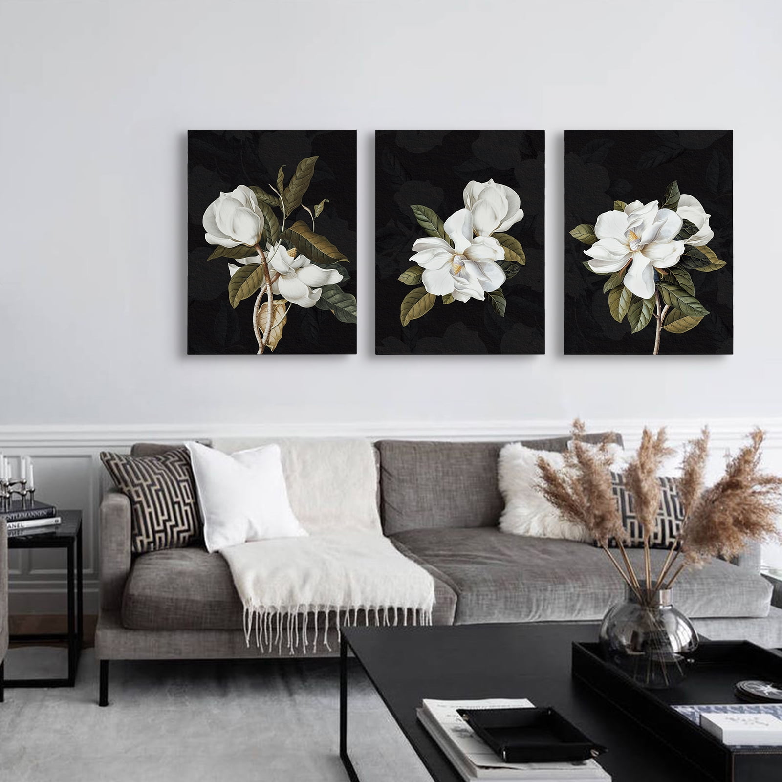 ArtbyHannah 3 Pieces 16x24 inch Floral Framed Canvas Wall Art Set with Magnolia Flowers Prints for Living Room Ready to Hang