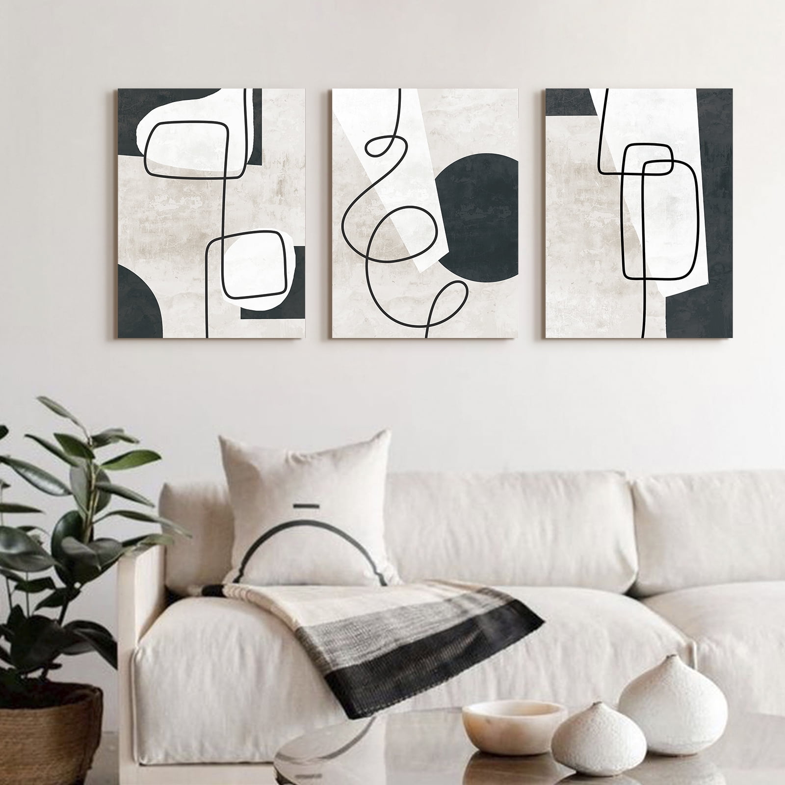 ArtbyHannah Pieces 16x24 inch Modern Abstract Wall Art Decor, Black and White  Canvas Wall Print Set with Minimalist Art Prints for Living Room 