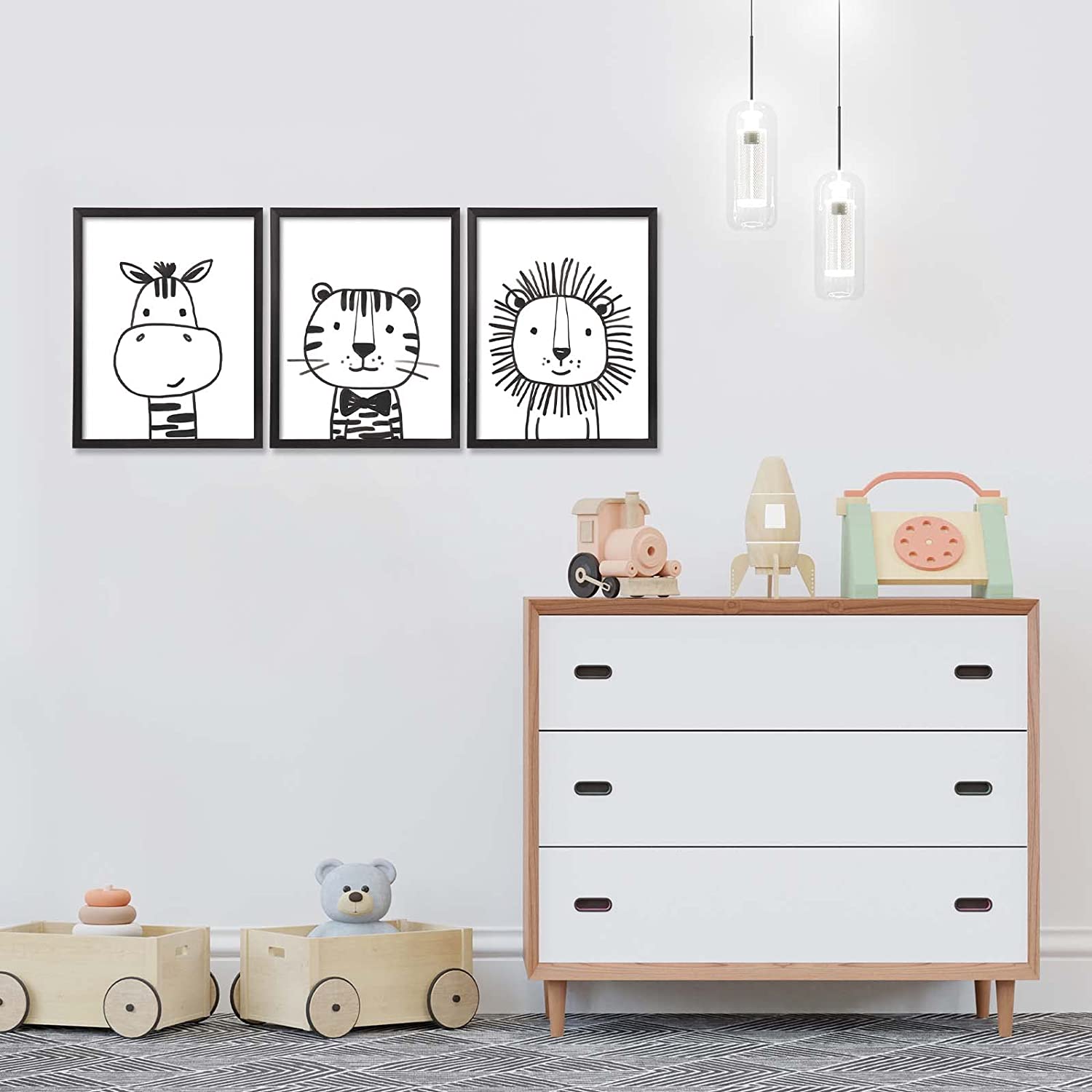 ArtbyHannah 3 Pieces Black Baby Boy Nursery Framed Wall Art Decor with