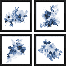 ArtbyHannah 4 Pack 10x10 Framed Blue Bathroom Floral Wall Art with Black Frames and Flower Print for Gallery Walls or Home Decoration