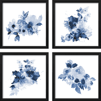 ArtbyHannah 4 Pack 10x10 Blue Wall Art Framed with Black Frames and Flower Print for Gallery Walls Home or Bathroom Decoration