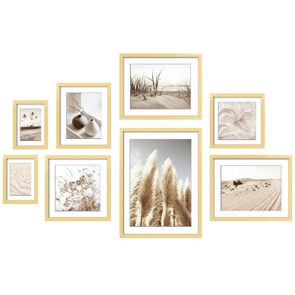ArtbyHannah Neutral Gallery Wall Picture Frame Set of 8, Beach Landscape Wall Art Decor For Living Room. Multi Size 11x14, 10x10, 8x8, 12x9.5, 8x10, 5x7