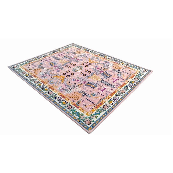 Artcore Avery Handmade Wool Area Rug – Floral Border Design, Soft & Colorful Carpet for Living Room, Bedroom & Office (5x8)