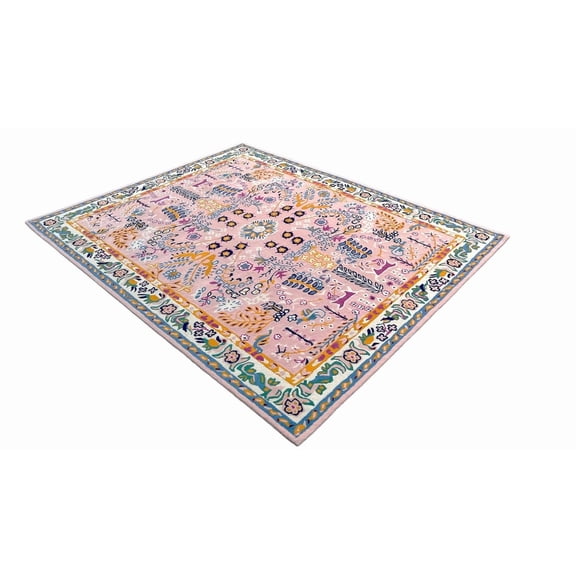 Artcore Avery Handmade Wool Area Rug – Floral Border Design, Soft & Colorful Carpet for Living Room, Bedroom & Office (6x9)