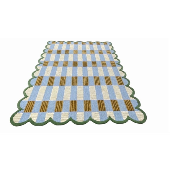 Artcore Matilda Hand Tufted Plaid Wool Area Rug with Scalloped Border, Cotton Backing, Indoor Rug for Living Room & Bedroom, 4 x 6 ft
