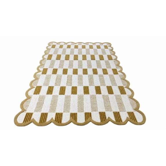 Artcore Matilda Hand Tufted Plaid Wool Area Rug with Scalloped Border, Cotton Backing, Indoor Rug for Living Room & Bedroom, 4 x 6 ft