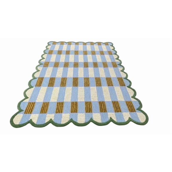 Artcore Matilda Hand Tufted Plaid Wool Area Rug with Scalloped Border, Cotton Backing, Indoor Rug for Living Room & Bedroom, 4 x 6 ft