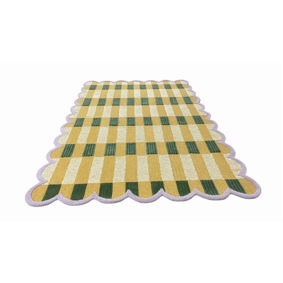 Artcore Matilda Hand Tufted Plaid Wool Area Rug with Scalloped Border, Cotton Backing, Indoor Rug for Living Room & Bedroom, 5 x 8 ft