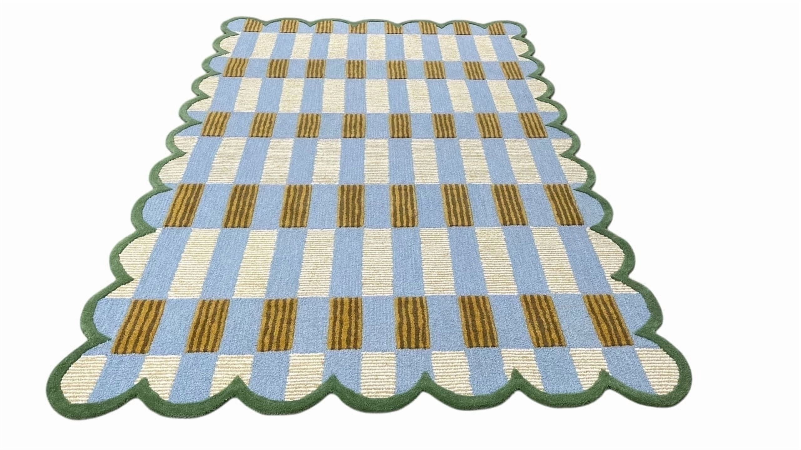 Artcore Matilda Hand Tufted Plaid Wool Area Rug with Scalloped Border, Cotton Backing, Indoor Rug for Living Room & Bedroom, 6 x 9 ft