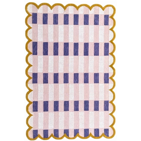 Artcore Matilda Hand Tufted Plaid Wool Area Rug with Scalloped Border, Cotton Backing, Indoor Rug for Living Room & Bedroom, 6 x 9 ft