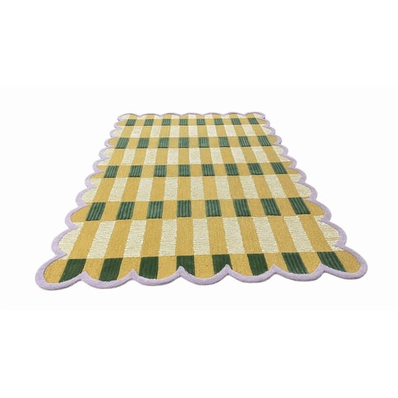 Artcore Matilda Hand Tufted Plaid Wool Area Rug with Scalloped Border, Cotton Backing, Indoor Rug for Living Room & Bedroom, 9 x 12 ft