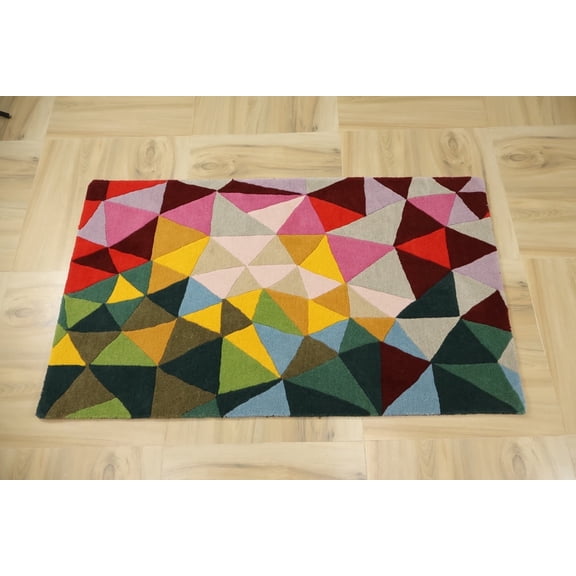 Hand Tufted Wool Area Rug 5x8 – Artcore Modern Vector Abstract Geometric Rug, Handmade Multicolor Indoor Rug for Living Room