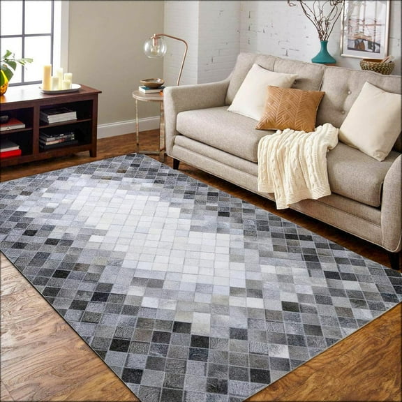Artcore 4 inch Square Box Gray Hair on Hide, Leather Hide Rugs, 4' x 6', Handmade