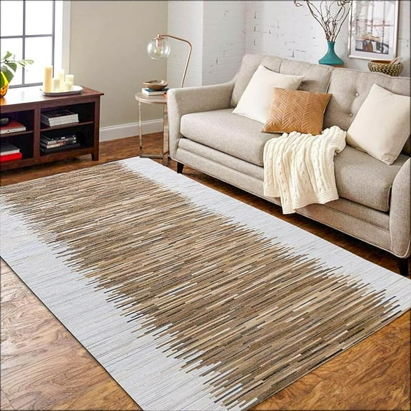 Artcore Handmade Patchwork Cowhide Modern Leather Area Rug, Modern Stripe Design (4 feet x 6 feet)