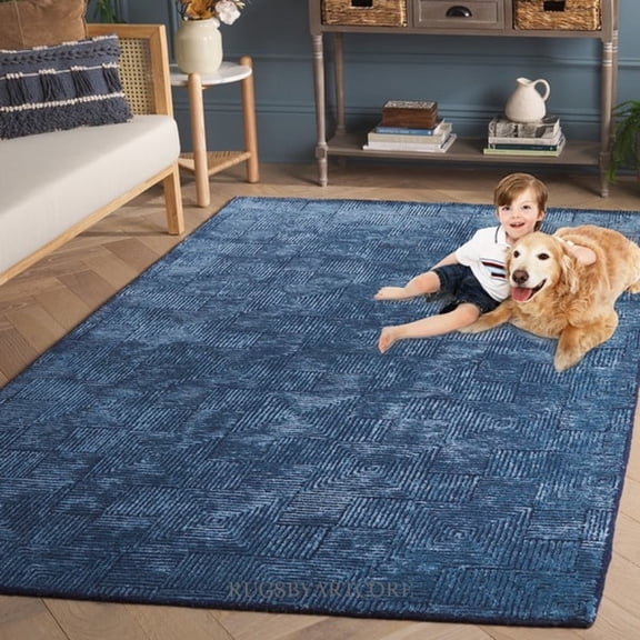 Artcore SA3 Handmade Navy Blue Geometric Wool Area Rug, Modern Indoor Floor Rug for Living Room & Bedroom, 5x8 ft