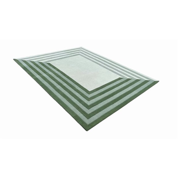 Artcore Geometric Hand Tufted Green Wool Area Rug, Striped Bordered Design with Cotton Backing, Indoor Rug for Living Room & Bedroom, 9 x 12 ft