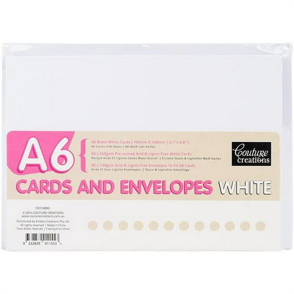 Artdeco Creations CO723893 Couture Creations A6 Cards with Envelopes - White, 50 per Pack
