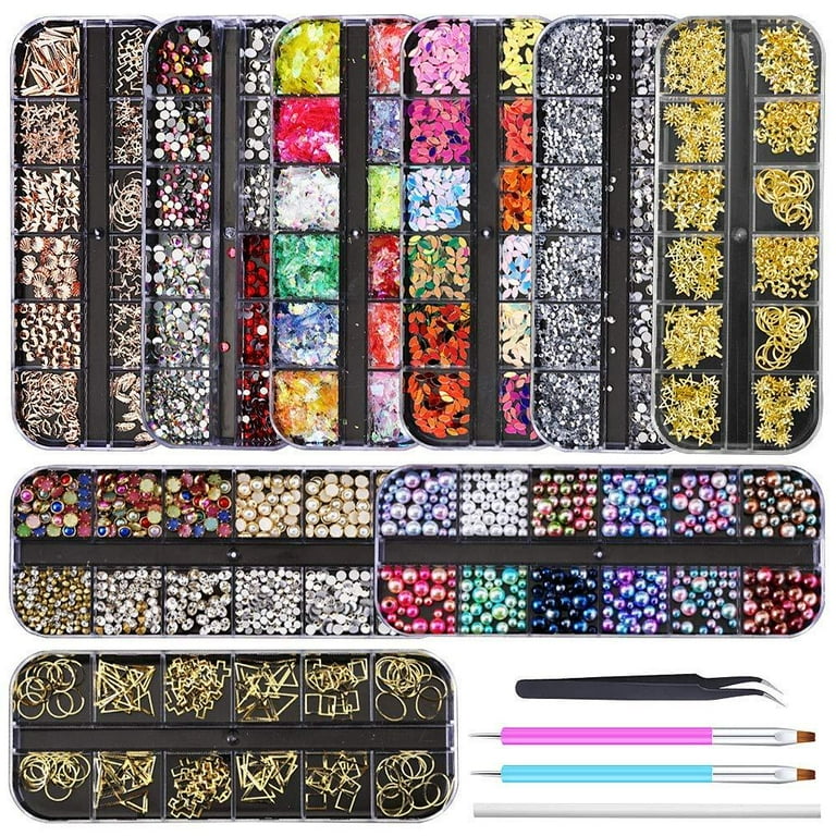 9 Boxes Nail Rhinestones,nail Gems Nail Diamonds,nail Art Studs Nail  Crystals Nail Sequins For Nails Kit With 1 Tweezers And 3 Pen For Nail Art  Supply