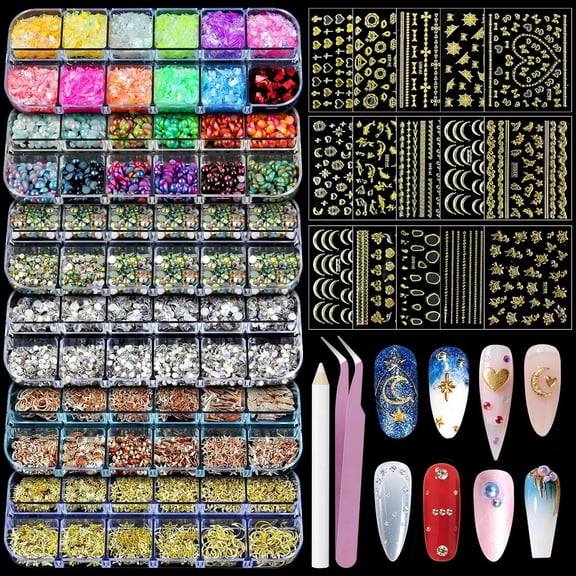 Artdone Nail Art Glitter Studs Kit, 6 Boxes Multicolor and Design 3D Charms with 15 Sheets Gold Nail Stickers, Diamond Cute Nail Jewels for DIY Decoration with Pickup Tools