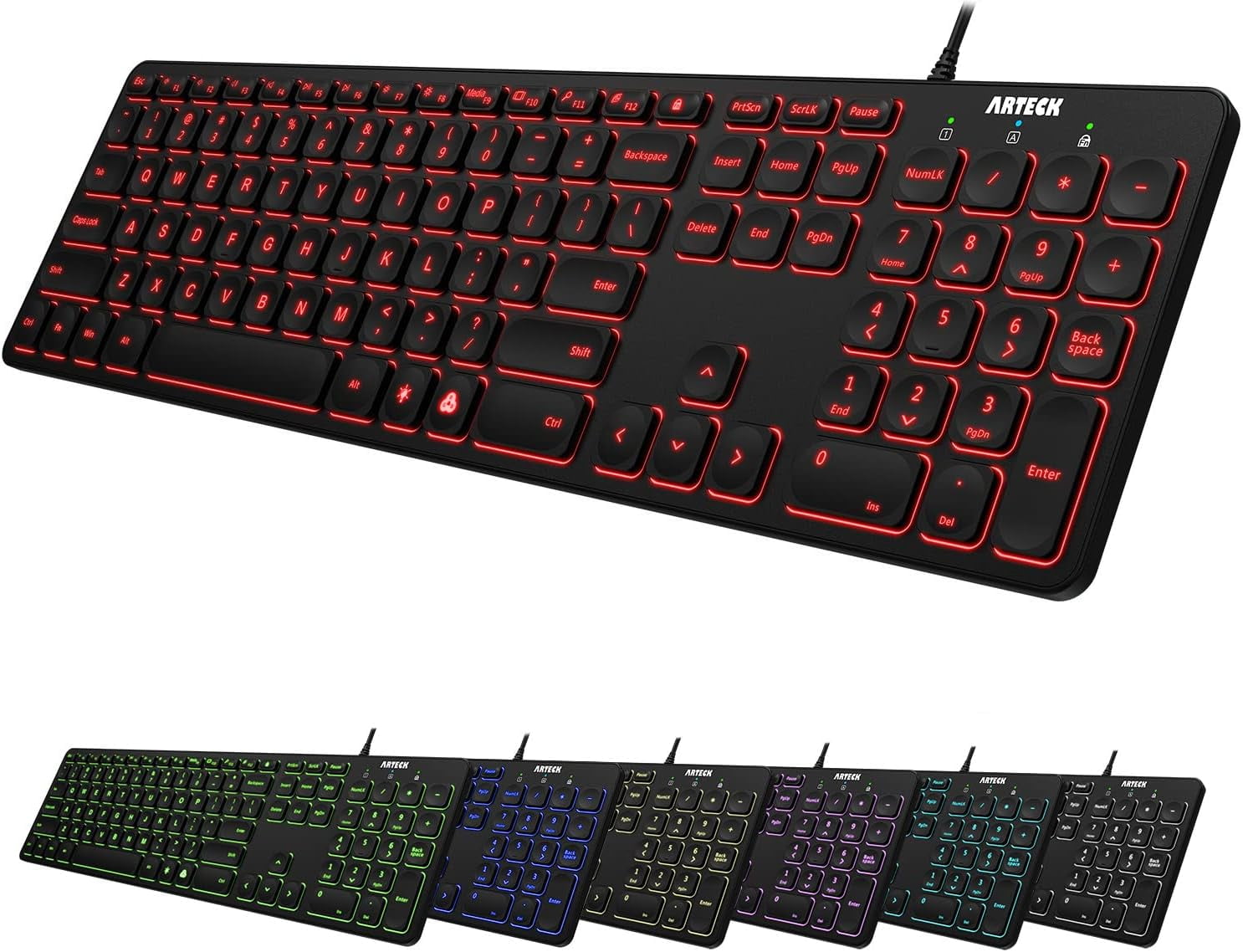 Arteck USB Wired Keyboard Universal Backlit 7-Colors & Adjustable ...