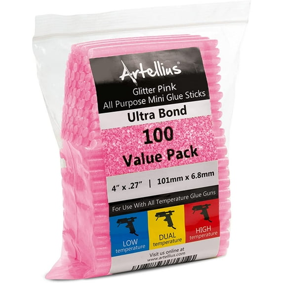 Artellius 100 Pack Glitter Pink Hot Melt Mini Glue Gun Sticks 4" x 0.27" for DIY Art Craft Repair Bonding