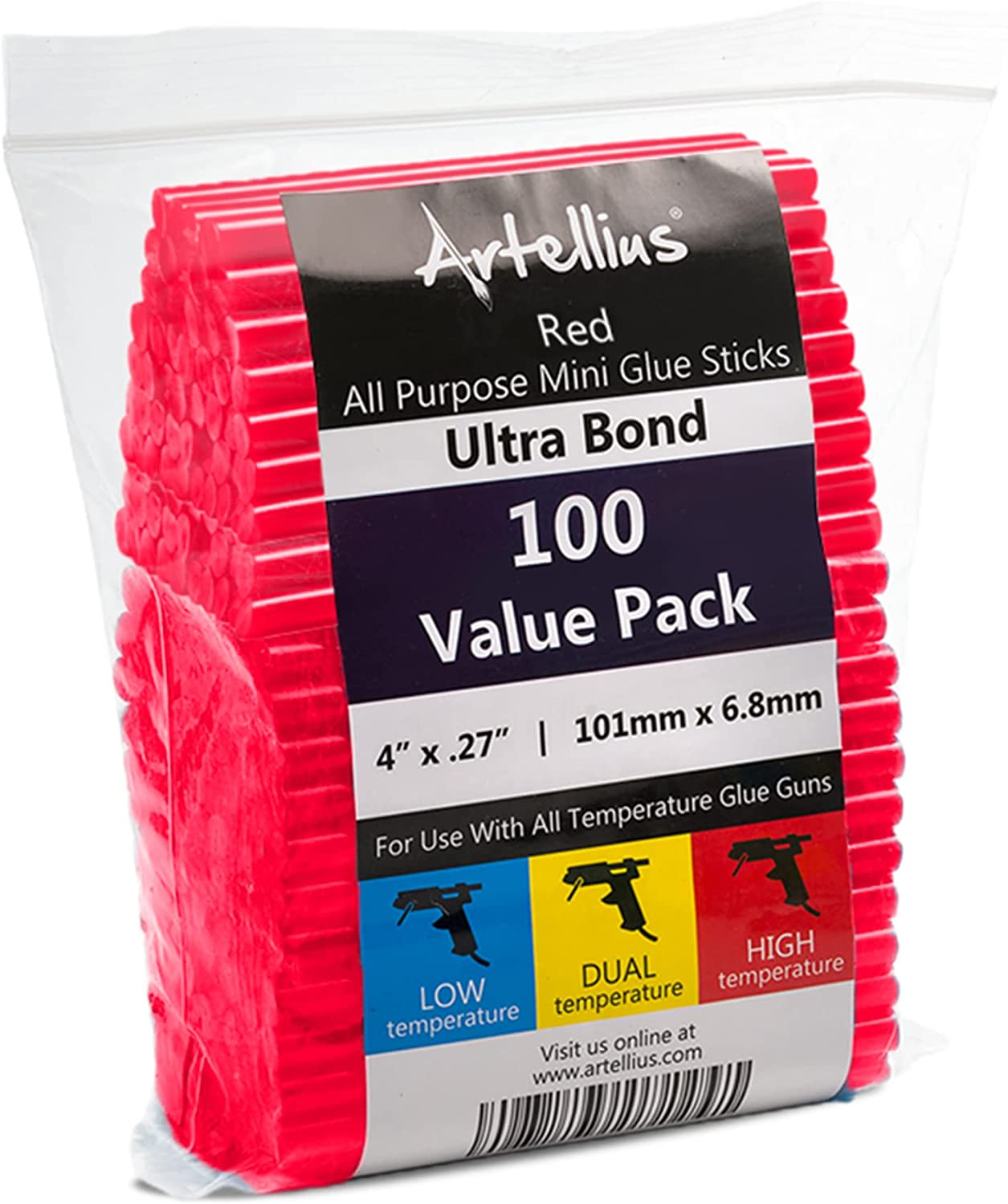 Artellius 100 Pack Red Hot Melt Mini Glue Gun Sticks 4 x 0.27