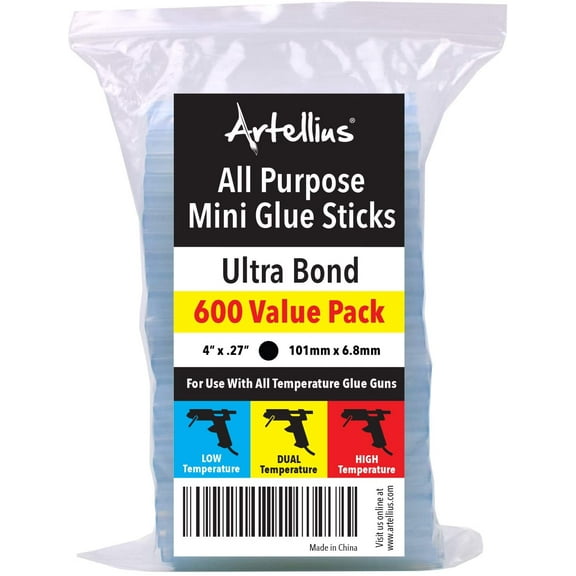 Artellius Pack of 600 Mini Hot Glue Gun Sticks Bulk, 4" x 0.27", Compatible with Most Glue Guns