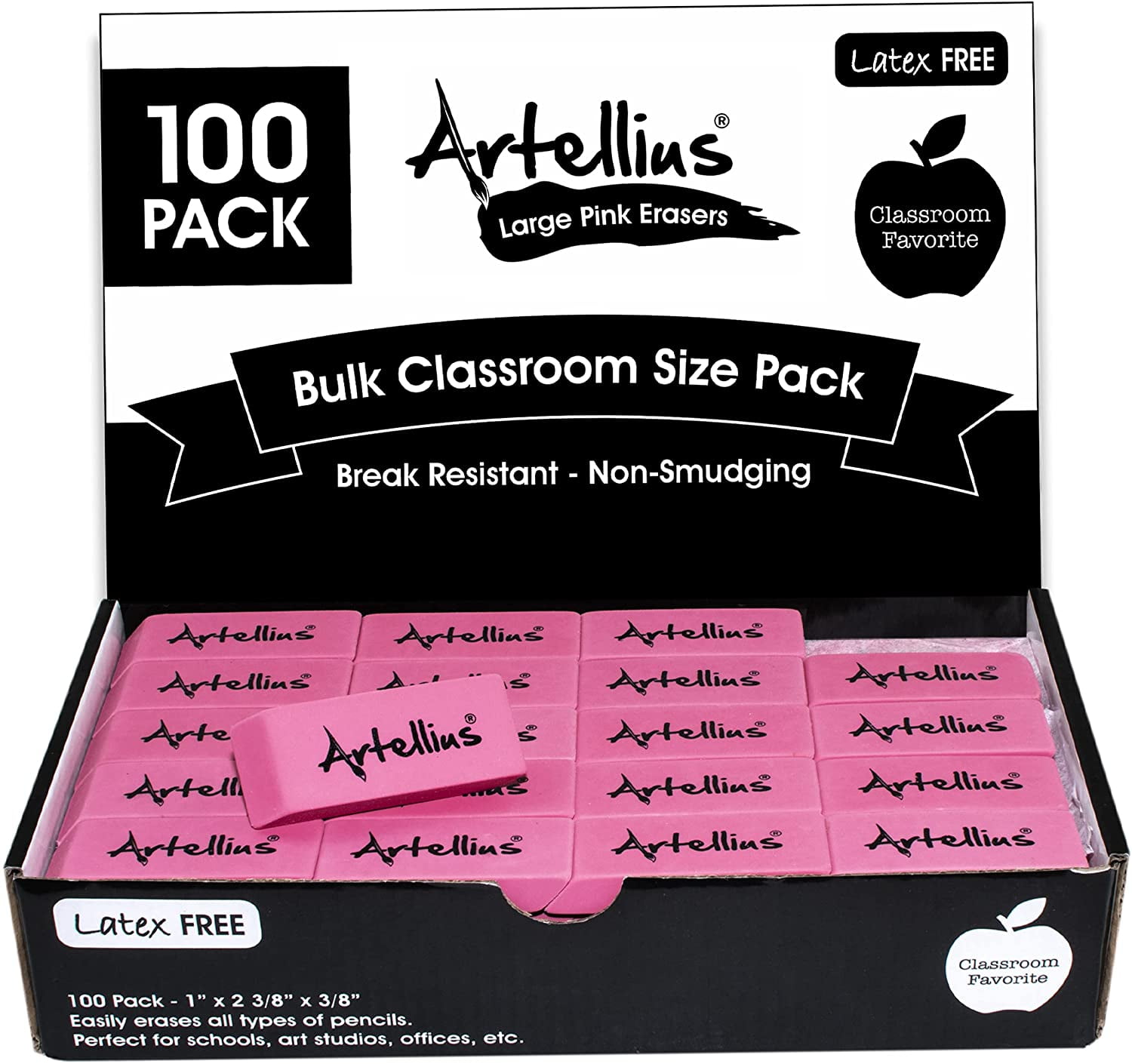 Artellius Pink Pencil Erasers Bulk Pack of 100, Large Size, Non