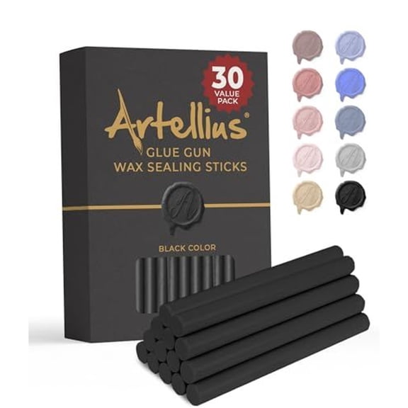 Artellius Sealing Wax Sticks - 30 Pack, 4 in x 0.3 in, Black - Glue Gun & Candle Compatible for Wax Seal Stamps