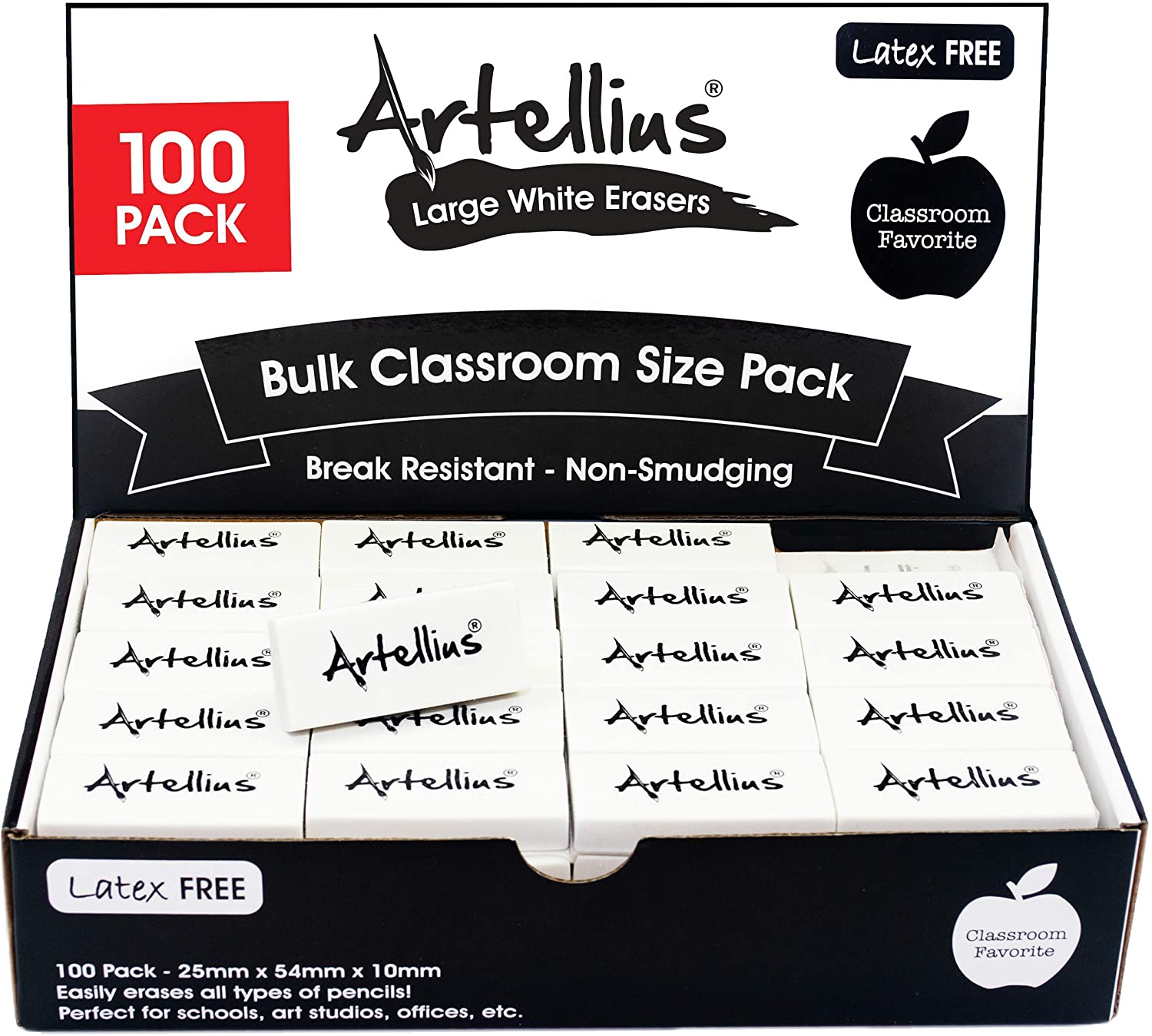 Artellius White Erasers Pack of 100 - Large Size Latex & Smudge Free for Art Classrooms, Drawing, Teachers, Homeschool, and More!