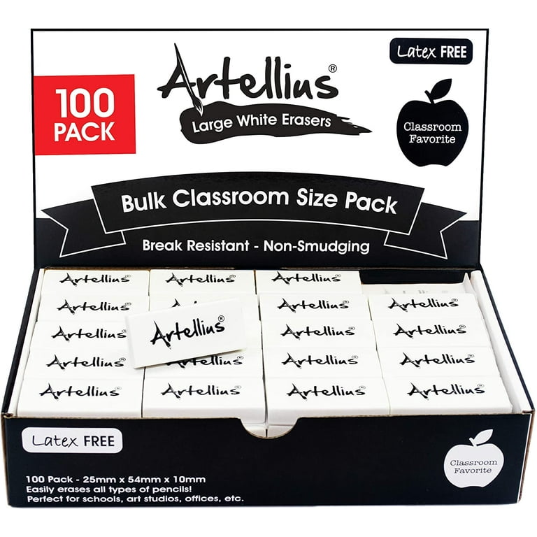 Artellius White Erasers Pack of 100 - Large Size Latex & Smudge Free for Art Classrooms, Drawing, Teachers, Homeschool, and More!