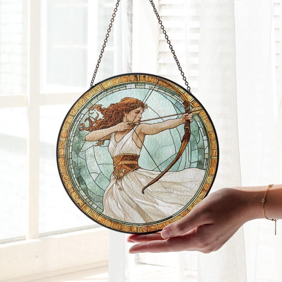 Artemis Glass Suncatcher, Greek Goddess Bow & Arrow Window Decor, 3.5 in
