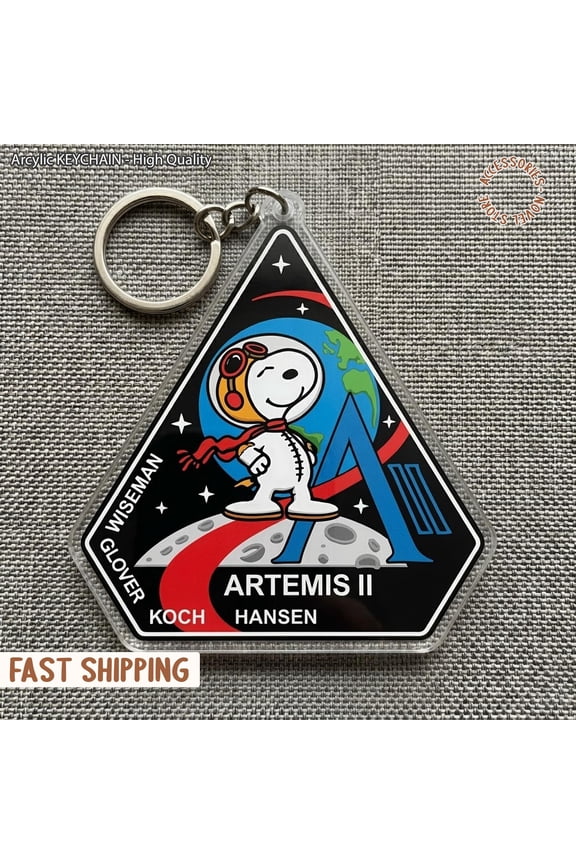 Artemis II Puppy Acrylic Keychain, NASA Retro Space Logo Keyring, Astronaut Mission Charm, Waterproof Keychain, Gift for Space Lovers