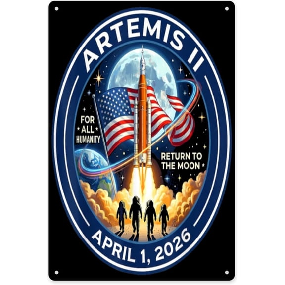 Artemis II Rocket Space Launch Back to The Moon Mission 2026 Classic Tin Art Decorative Metal Sign 8x12 Inch Weathered Tin Plaque for Home Garage Coffee Bar Decor
