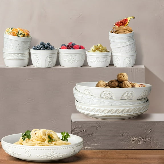 Artena 12-Piece Ceramic Tableware Set: 4 Pasta Bowls (50oz) + 8 Ramekins ( 4oz/8oz) Embossed White Serving Bowls & Baking Dishes, Microwave & Oven Safe, Dishwasher Friendly, Multiple Patterns