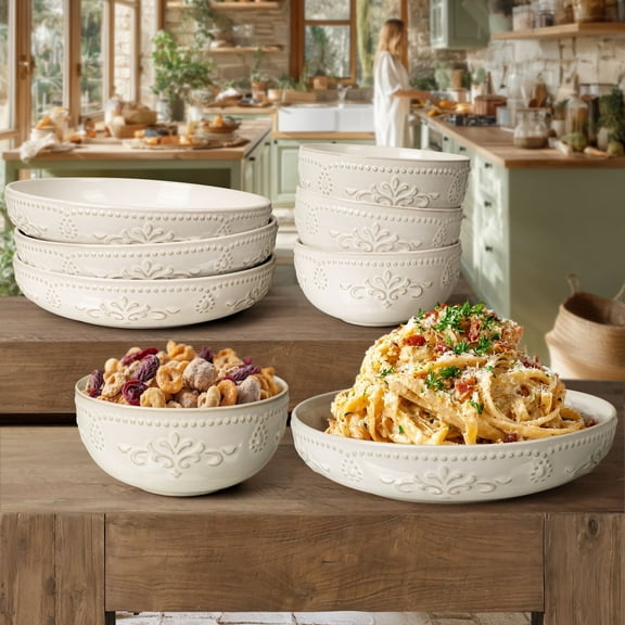 Artena 8-Piece Ceramic Dinnerware Set, 4pcs 9.75 Large Pasta Bowls + 4pcs 6.3 Soup Bowls, Embossment Collection, White, Damask Floral